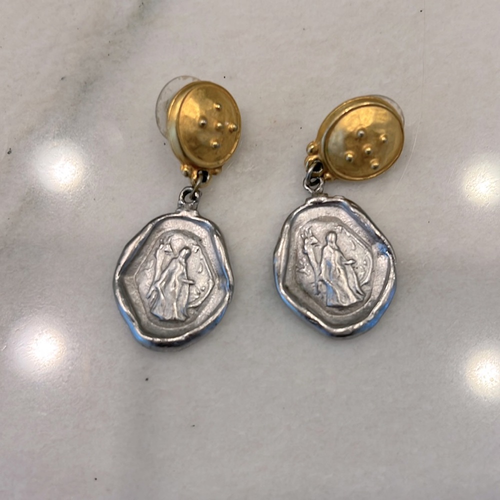 Two-tone brushed gold and silver drop earrings
